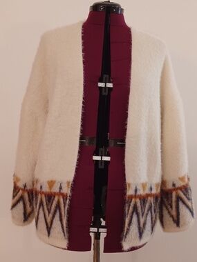 Baciano Size L Ivory Border Print Soft Open Front Kimono Sweater